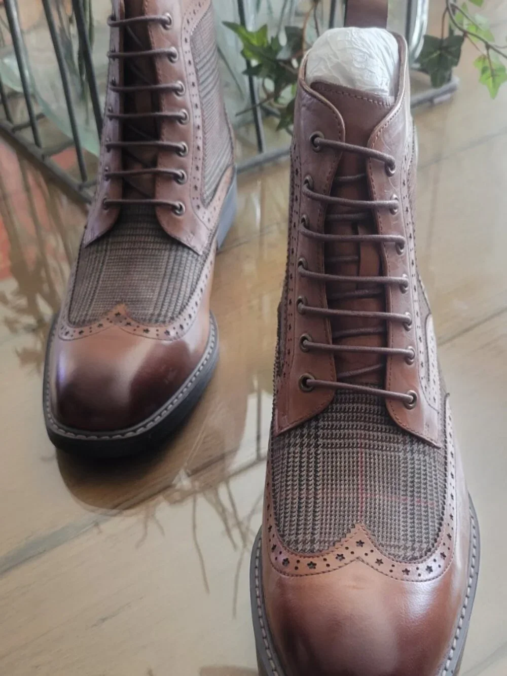 Vintage Foundry Co Men's Dress Ankle Boots Brown Leather Plaid Fabric 7.5M